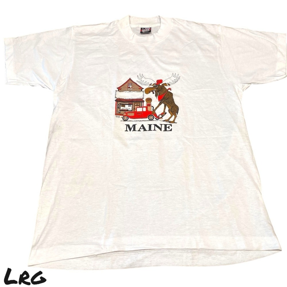 Vintage Maine Moose Funny Tourist T-Shirt 80s USA Men's Sz LRG White Cotton